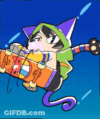 A Cartoon Of A Cat Holding A Skateboard With The Letter S On It GIF