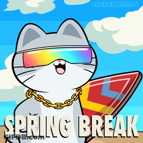 A Cartoon Of A Cat Holding A Surfboard With The Words Spring Break Below Him GIF