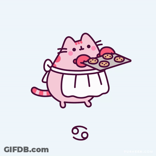 A Cartoon Of A Cat Holding A Tray Of Cookies With The Number 69 On It GIF