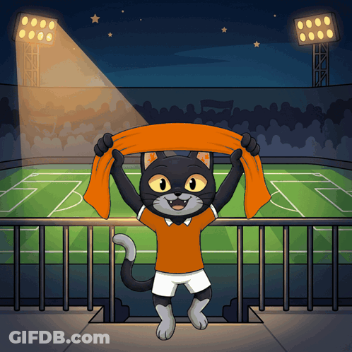A Cartoon Of A Cat Holding An Orange Scarf In Front Of A Soccer Field GIF