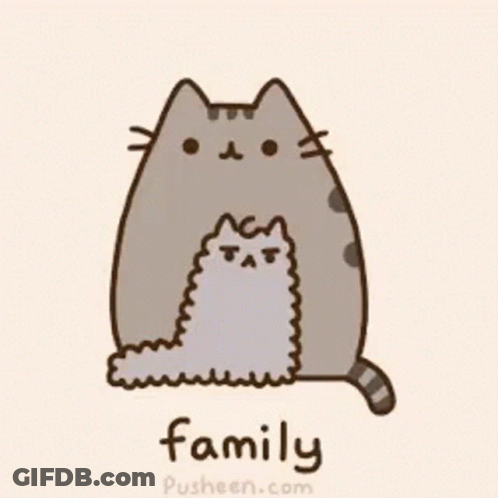 A Cartoon Of A Cat Holding Another Cat With The Word Family Written On The Bottom GIF