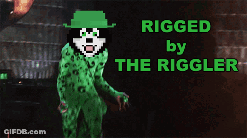 A Cartoon Of A Cat In A Green Outfit With The Words Rigged By The Riddler Below It GIF