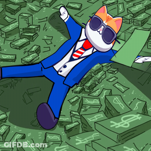 A Cartoon Of A Cat In A Suit And Tie Laying On A Pile Of Money GIF