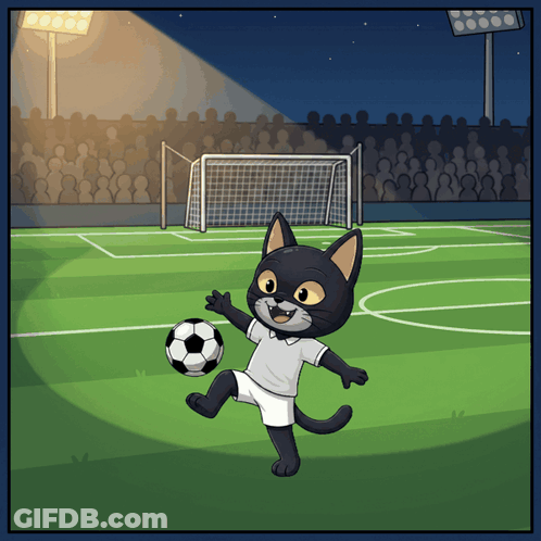 A Cartoon Of A Cat Kicking A Soccer Ball On A Field GIF