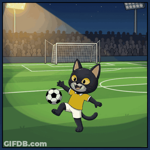 A Cartoon Of A Cat Kicking A Soccer Ball On A Field GIF