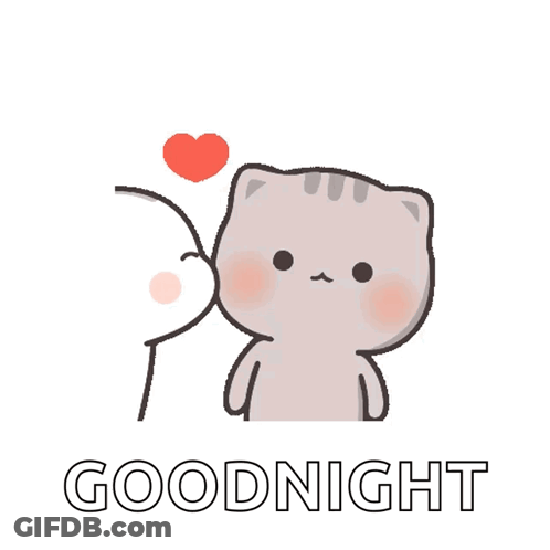 A Cartoon Of A Cat Kissing A Man 'S Cheek And The Words Goodnight Below It GIF
