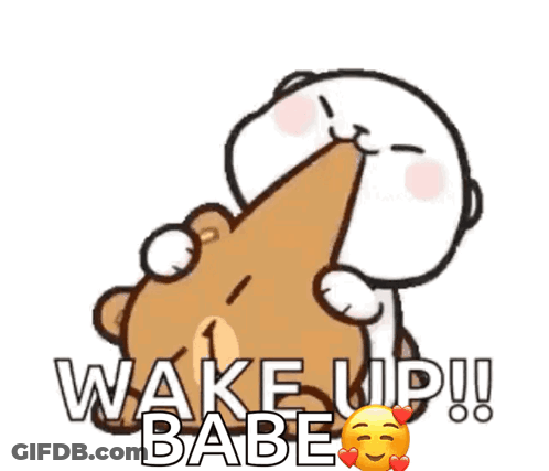 A Cartoon Of A Cat Kissing A Teddy Bear With The Words Wake Up Babe Written Above It GIF