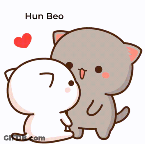 A Cartoon Of A Cat Kissing Another Cat With Hun Beo Written Above Them GIF