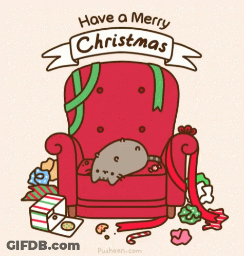 A Cartoon Of A Cat Laying In A Chair With The Words Have A Merry Christmas Above It GIF