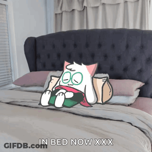 A Cartoon Of A Cat Laying On A Bed With The Words In Bed Now Xxx Above It GIF