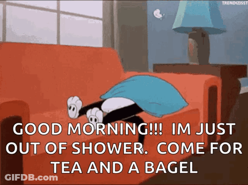 A Cartoon Of A Cat Laying On A Couch Says Good Morning GIF
