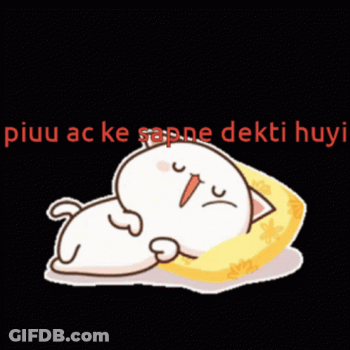 A Cartoon Of A Cat Laying On A Pillow With The Words Piuu Ac Ke Sapne Deki Huyi Below It GIF