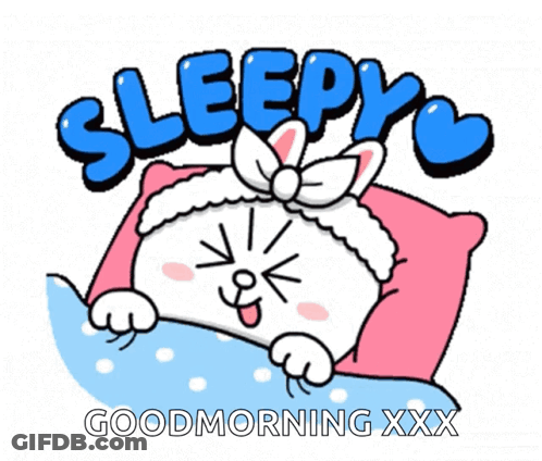 A Cartoon Of A Cat Laying On A Pillow With The Words Sleepy Good Morning Xxx GIF