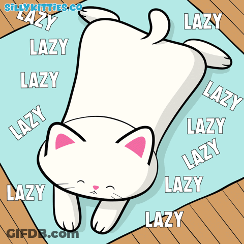A Cartoon Of A Cat Laying On Its Back With The Words Lazy Surrounding It GIF