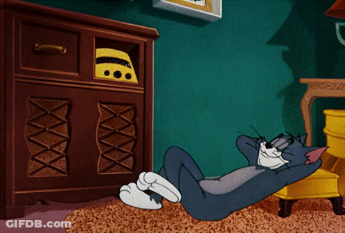 A Cartoon Of A Cat Laying On The Floor In Front Of A Radio GIF