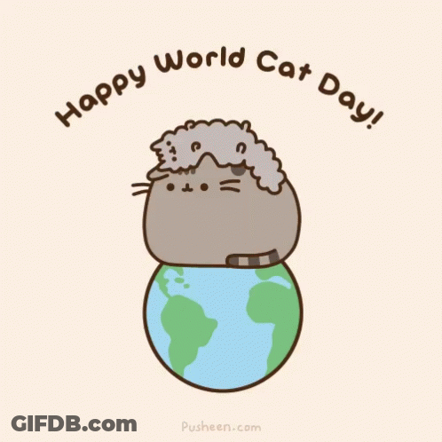A Cartoon Of A Cat Laying On Top Of A Globe With The Words Happy World Cat Day GIF