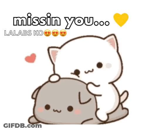 A Cartoon Of A Cat Laying On Top Of Another Cat With The Words " Missin You " Above Them GIF