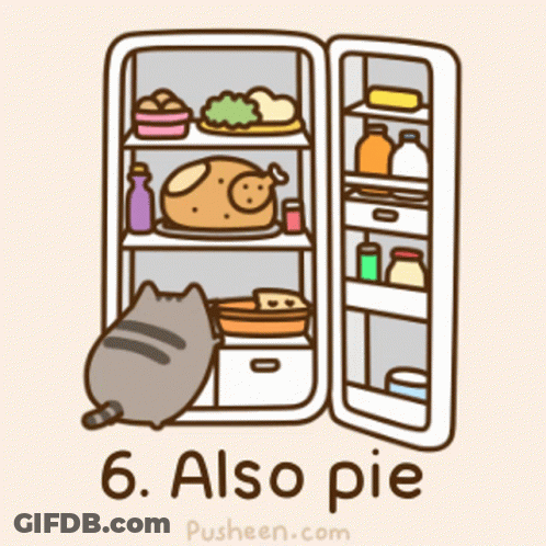A Cartoon Of A Cat Looking Into An Open Refrigerator With The Words Also Pie On The Bottom GIF
