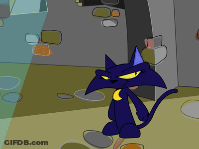 A Cartoon Of A Cat On A Broom With A Shadow Of A Cat In The Background GIF