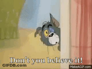 A Cartoon Of A Cat Peeking Out Of A Door With The Words `` Don 'T You Believe It '' . GIF