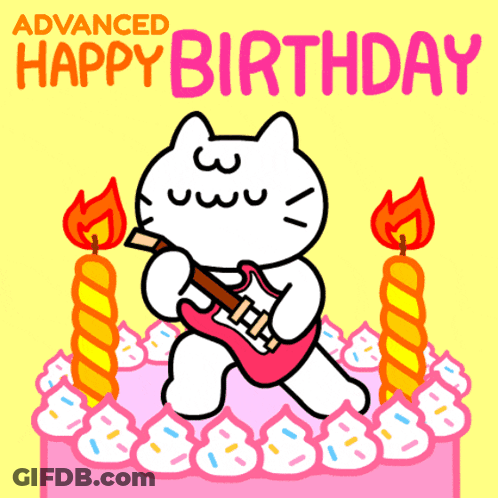 A Cartoon Of A Cat Playing A Guitar With The Words Advanced Happy Birthday Written Above It GIF