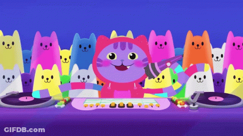 A Cartoon Of A Cat Playing A Keyboard In Front Of A Crowd Of Colorful Cats GIF