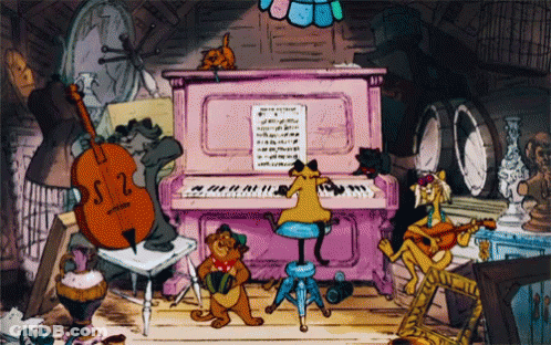A Cartoon Of A Cat Playing A Piano With Other Cats GIF
