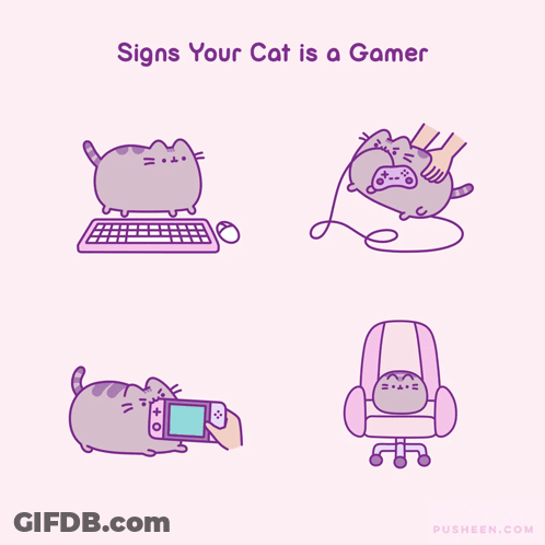 A Cartoon Of A Cat Playing A Video Game With The Words " Signs Your Cat Is A Gamer " GIF