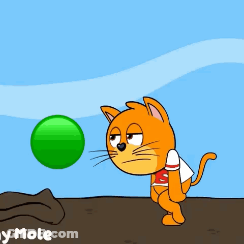 A Cartoon Of A Cat Playing With A Green Ball And The Words Monday Mole Below It GIF