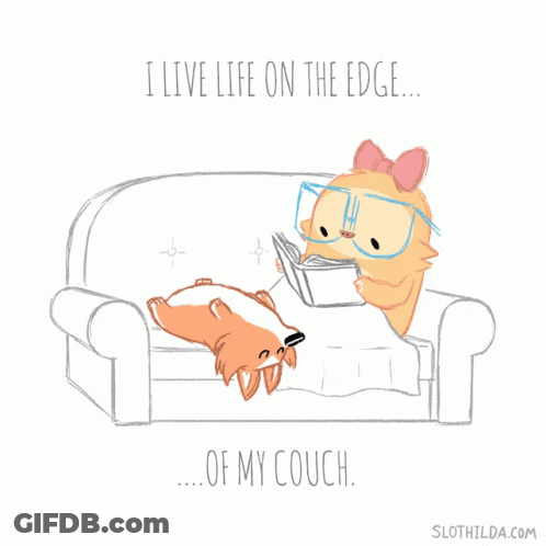 A Cartoon Of A Cat Reading A Book With The Words I Live Life On The Edge Of My Couch Below It GIF