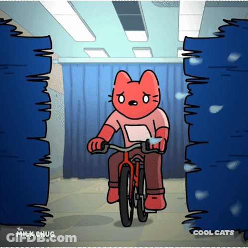 A Cartoon Of A Cat Riding A Bike With The Words " Cool Cats " On The Bottom GIF
