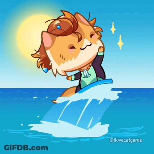 A Cartoon Of A Cat Riding A Surfboard In The Ocean With The Caption @Ilovecatgame GIF