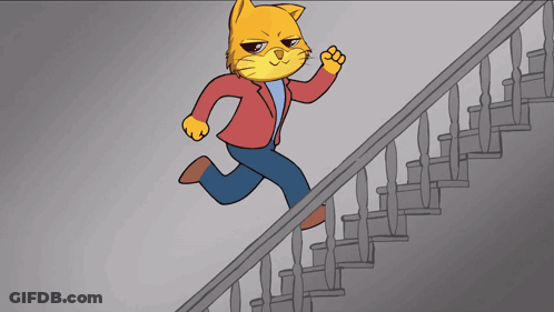 A Cartoon Of A Cat Running Down Stairs GIF