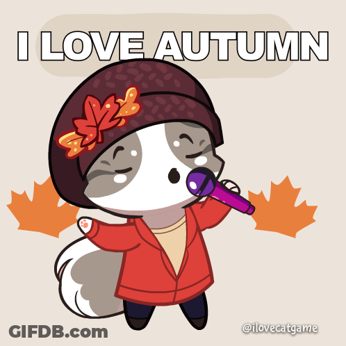 A Cartoon Of A Cat Singing Into A Microphone With The Words I Love Autumn Above It GIF