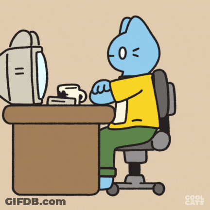 A Cartoon Of A Cat Sitting At A Desk Looking At A Computer Screen GIF