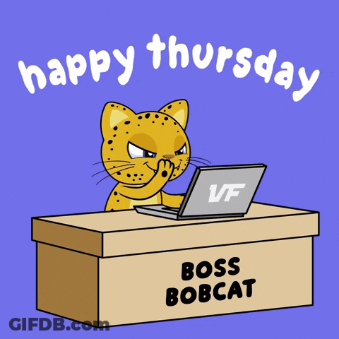 A Cartoon Of A Cat Sitting At A Desk With Papers And A Laptop That Says Boss Bobcat GIF