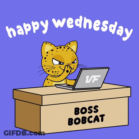 A Cartoon Of A Cat Sitting At A Desk With Papers And A Laptop That Says Boss Bobcat GIF