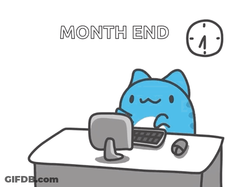 A Cartoon Of A Cat Sitting At A Desk With The Words Month End Written Above It GIF