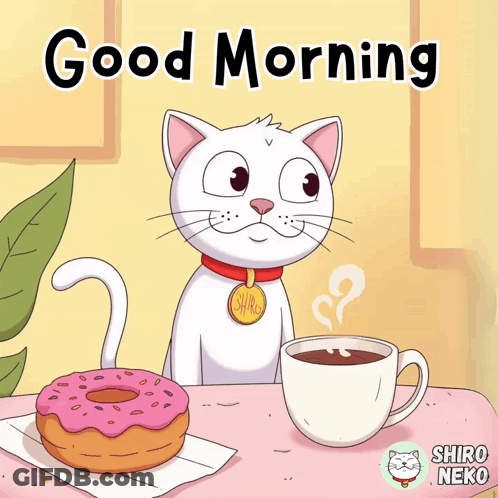 A Cartoon Of A Cat Sitting At A Table Next To A Cup Of Coffee And A Donut GIF
