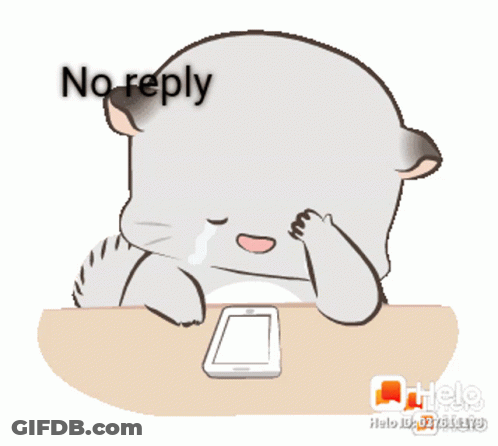 A Cartoon Of A Cat Sitting At A Table With A Cell Phone And The Words " No Reply " Below It GIF