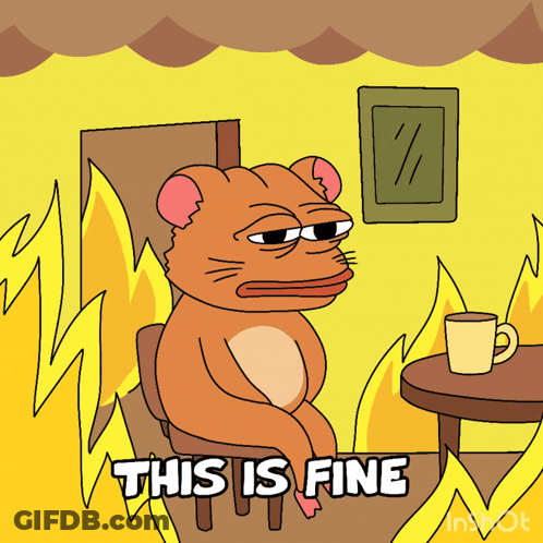 A Cartoon Of A Cat Sitting At A Table With The Words " This Is Fine " GIF