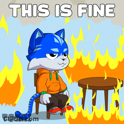 A Cartoon Of A Cat Sitting In Front Of A Fire With The Words " This Is Fine " Above Him GIF