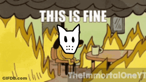 A Cartoon Of A Cat Sitting In Front Of A Fire With The Words " This Is Fine " GIF