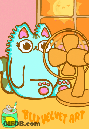 A Cartoon Of A Cat Sitting Next To A Fan With The Words Blu Velvet Art Written On The Bottom GIF