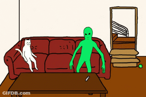 A Cartoon Of A Cat Sitting On A Red Couch Next To A Green Alien GIF