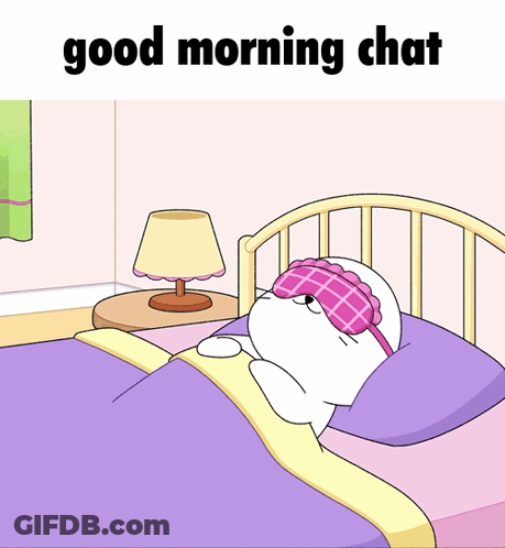 A Cartoon Of A Cat Sleeping In A Bed With The Words Good Morning Chat Below It GIF