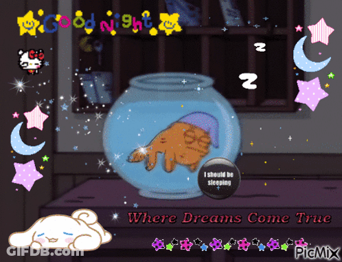 A Cartoon Of A Cat Sleeping In A Fish Bowl With The Words Where Dreams Come True GIF