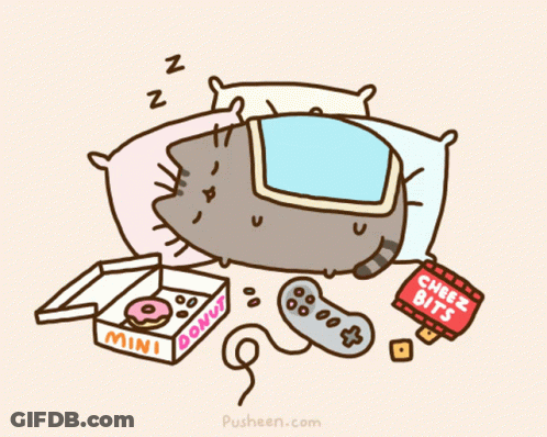A Cartoon Of A Cat Sleeping Next To A Box Of Mini Donuts And Cheez Bits GIF
