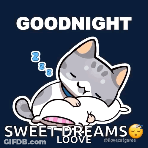 A Cartoon Of A Cat Sleeping On A Pillow With The Words Goodnight Sweet Dreams Loove Below It GIF