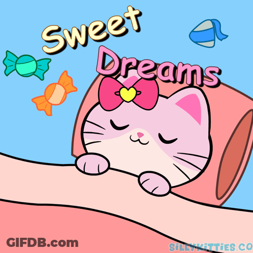A Cartoon Of A Cat Sleeping With Sweet Dreams Written Above It GIF
